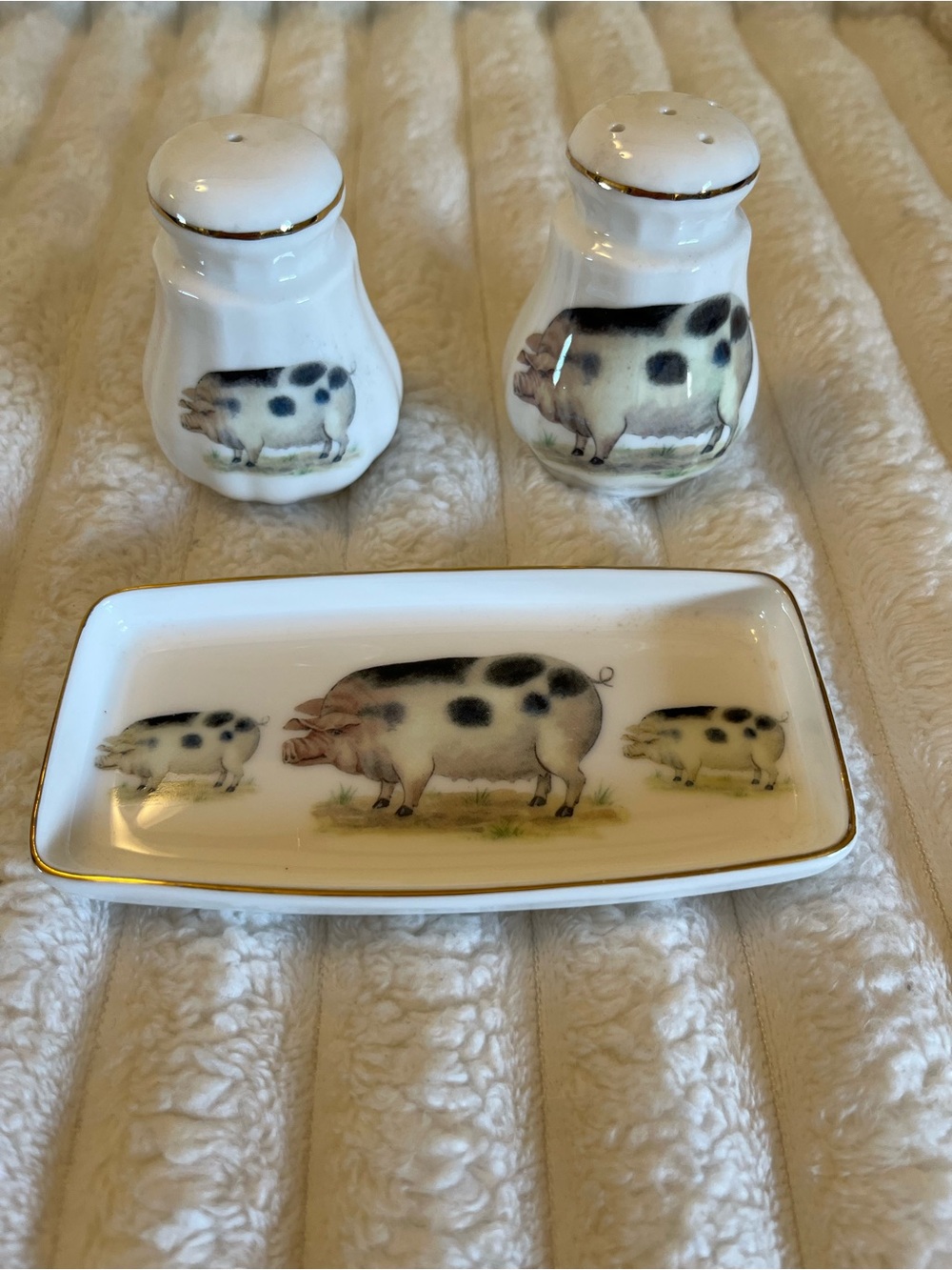 Ceramic Pig Salt & Pepper Shakers Set w/ china Tray